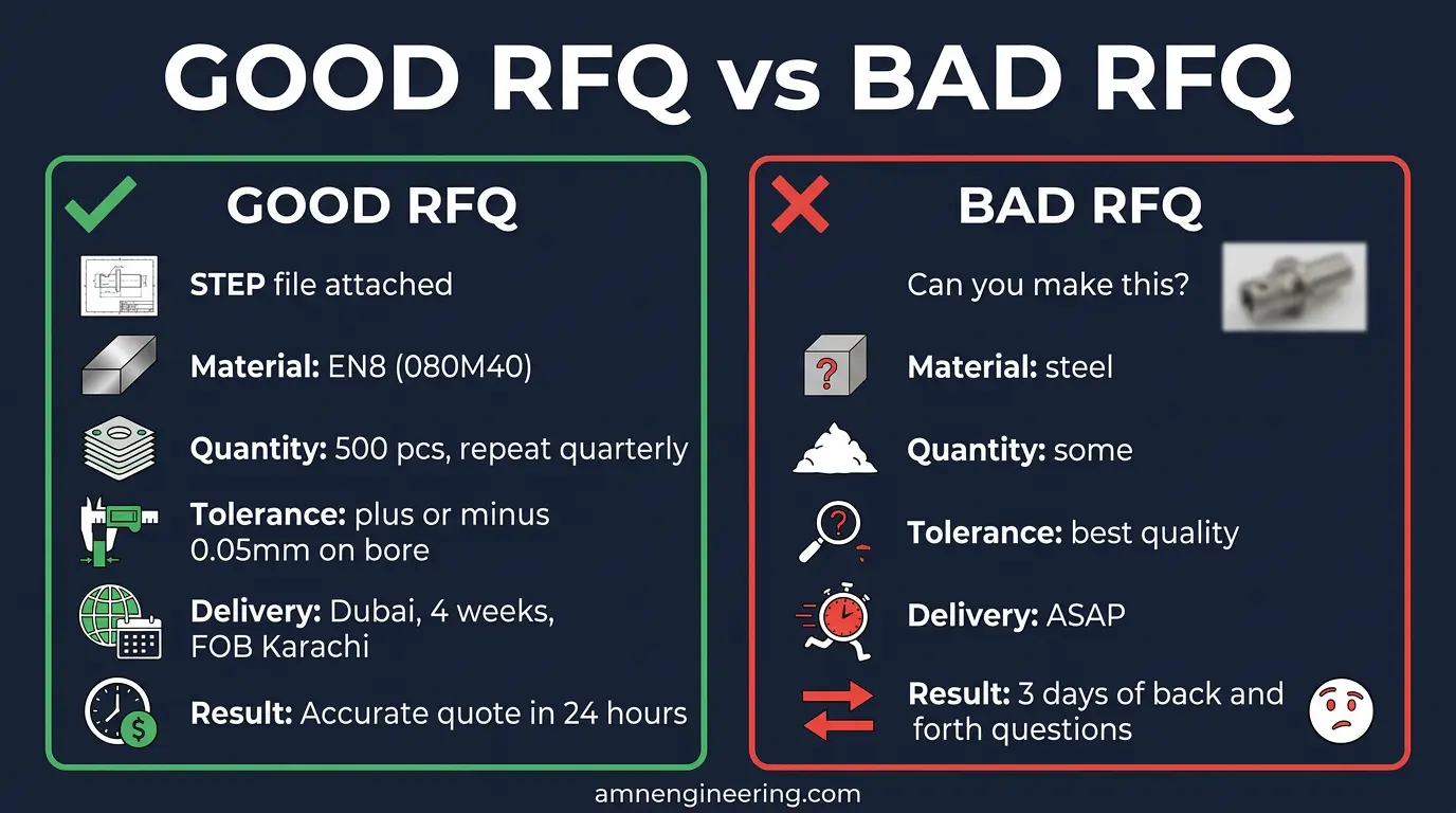 Comparison of a good RFQ drawing with complete dimensions and specifications versus a bad RFQ with missing information and blurry details